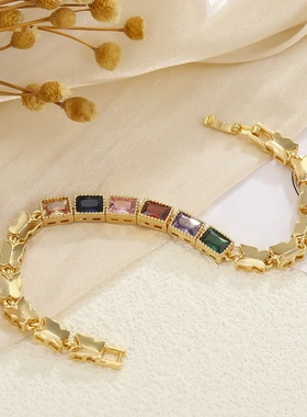 欧美新款轻奢高级感铜镀真金微镶方块冰糖锆石手链女时尚手环