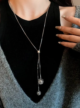 钛钢镶钻长款可调节项链个性设计感毛衣链夹时尚不锈钢饰品女