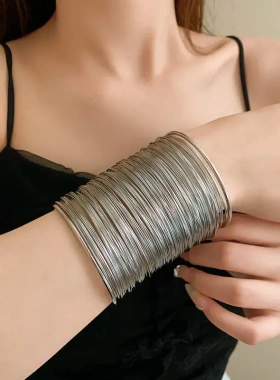 多层铁丝缠绕开口手镯欧美夸张设计感手环时尚冷淡风手饰