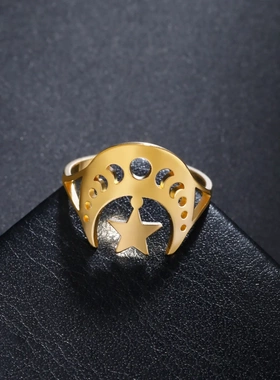 源头热销个性小众男士不锈钢挂着星星的月亮戒指女生指环