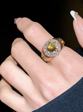 美拉德锆石虎眼石椭圆开口戒指复古高级感食指戒时尚宫廷风手饰女