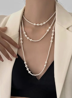 法式复古白色网纱花朵珍珠项链新款气质锁骨链温柔高级感项饰