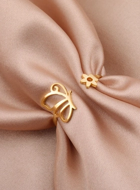 热销韩版韩式轻奢甜美风切割不锈钢金色花朵开口女生戒指