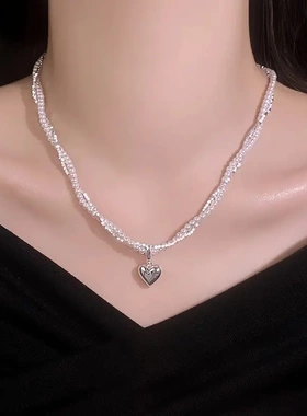 法式复古爱心碎银珍珠项链轻奢高级感锁骨链时尚通勤百搭项饰