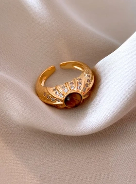 真金电镀人造虎眼石款开口戒指复古美拉德食指戒中古 手饰