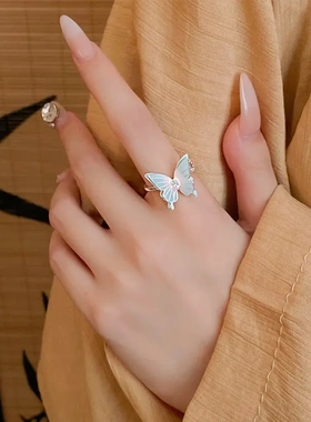 小清新蓝色渐变滴油锆石开口戒指时尚食指戒轻奢高级感手饰女