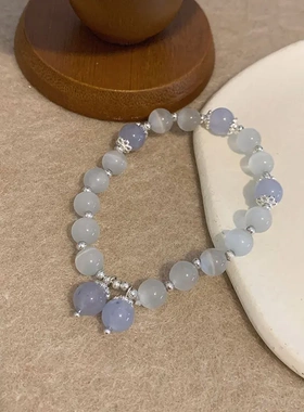 新中式彩色串珠手串夏日蓝色冰透手链小众设计清新简月亮百搭手饰