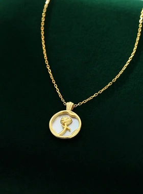 s925银白贝玫瑰花圆牌吊坠项链女法式复古高级感配饰锁骨链