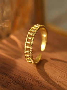 s925银韩国小众橄榄镂空戒指女简约时尚法式开口食指戒新品