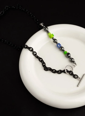 方块绿色碎石项链男潮帅气酷拼接ins轻奢小众设计感嘻哈情侣配饰