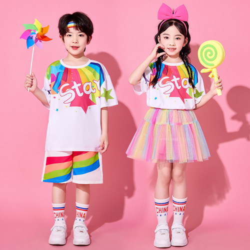 儿童啦啦队演出服小学生运动会服装幼儿园多巴胺彩虹毕业表演班服 - 图1