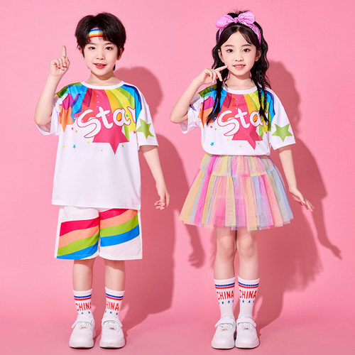 儿童啦啦队演出服小学生运动会服装幼儿园多巴胺彩虹毕业表演班服 - 图0