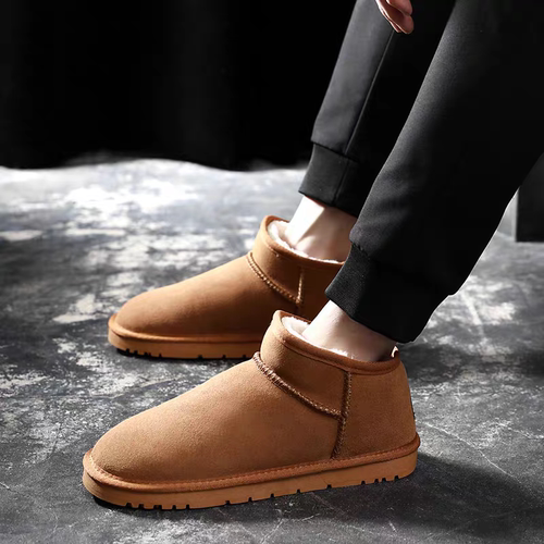 桑坡男真皮短筒雪地靴皮毛一体雪地靴冬加绒保暖防滑短筒棉鞋 - 图0