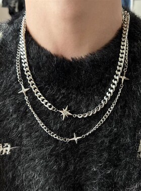 一链两带欧美轻奢星芒钛钢不掉色项链男嘻哈小众设计高级感锁骨链