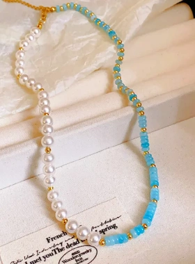 新中式串珠天河石珍珠项链个性时尚锁骨链蓝色小清新高级感项饰女