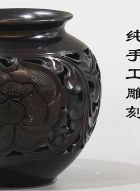 济南非遗章丘龙山黑陶荷花罐摆件