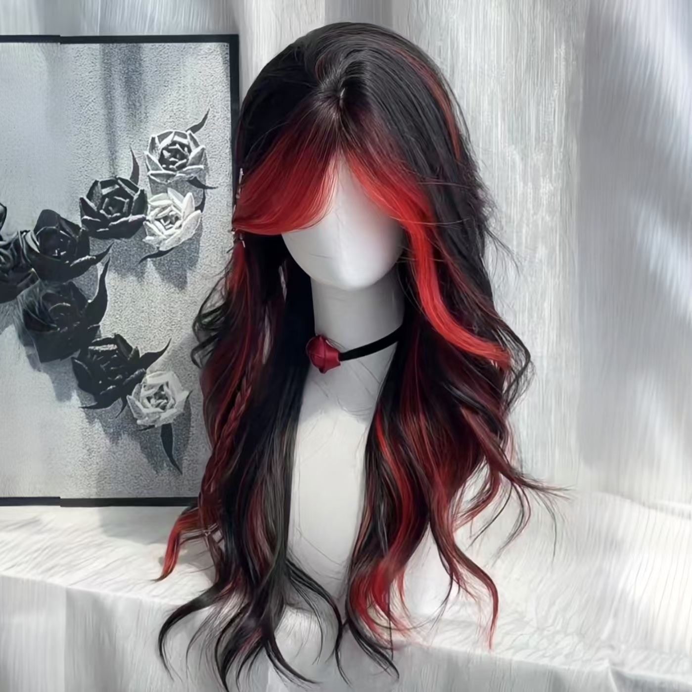 【哥特玫瑰】安可拉红中分挑染酷拽氛围长卷发仿真发假发女全头套,淘宝优惠券,粉丝福利购,淘宝优惠卷