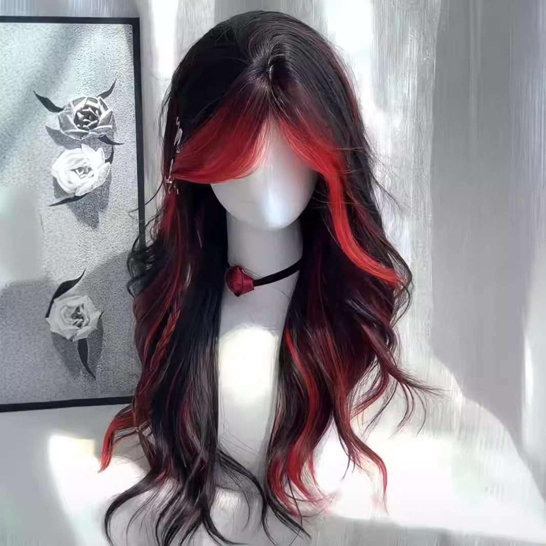 【哥特玫瑰】安可拉红中分挑染酷拽氛围长卷发仿真发假发女全头套,淘宝优惠券,粉丝福利购,淘宝优惠卷