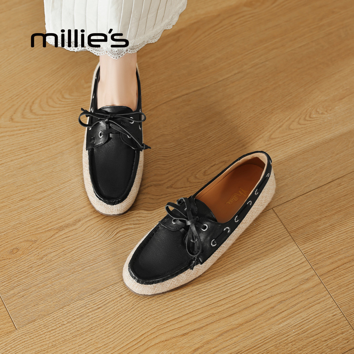 MILLIE'S/妙丽复古风真皮系带乐福鞋女款黑色厚底休闲豆豆鞋单鞋,淘宝优惠券,粉丝福利购,淘宝优惠卷