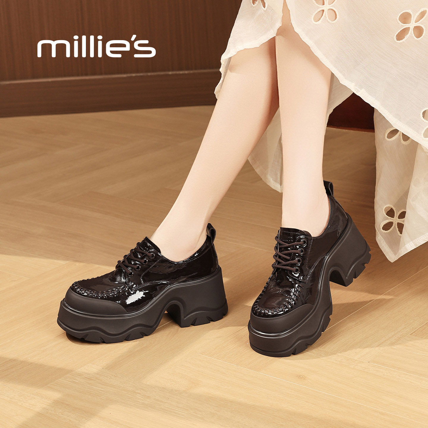 MILLIE'S/妙丽厚底乐福鞋女英伦风漆皮深口单鞋增高小个子厚底鞋,淘宝优惠券,粉丝福利购,淘宝优惠卷