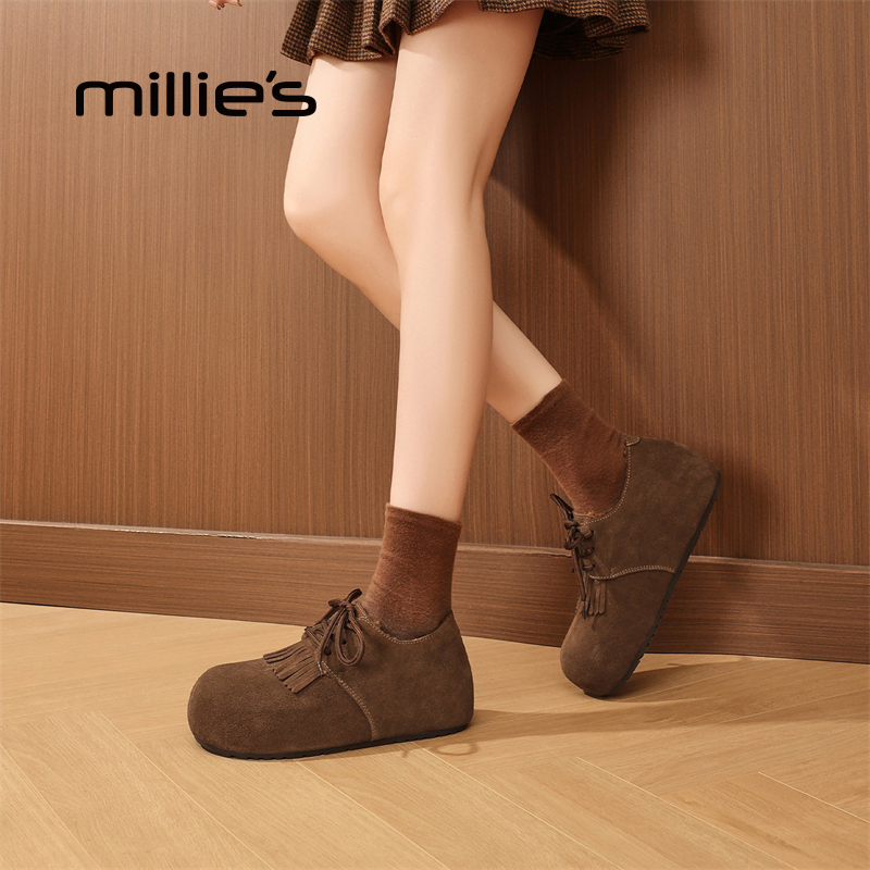 millies妙丽真皮全包勃肯鞋秋冬新款加绒毛毛鞋子流苏系带休闲鞋 - 图1
