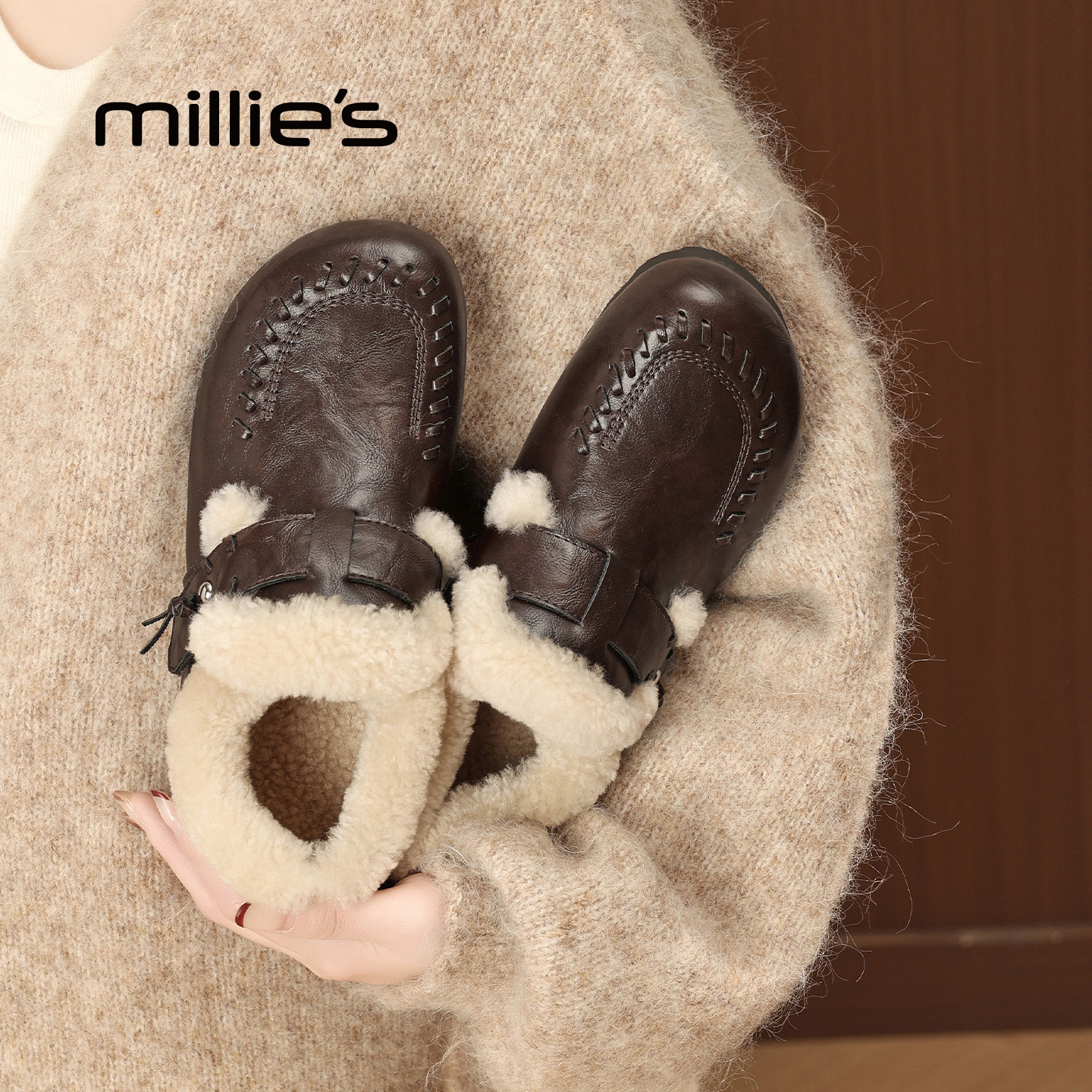 MILLIE'S/妙丽加绒勃肯鞋女秋冬新款懒人鞋一脚蹬毛毛鞋深口单鞋,淘宝优惠券,粉丝福利购,淘宝优惠卷