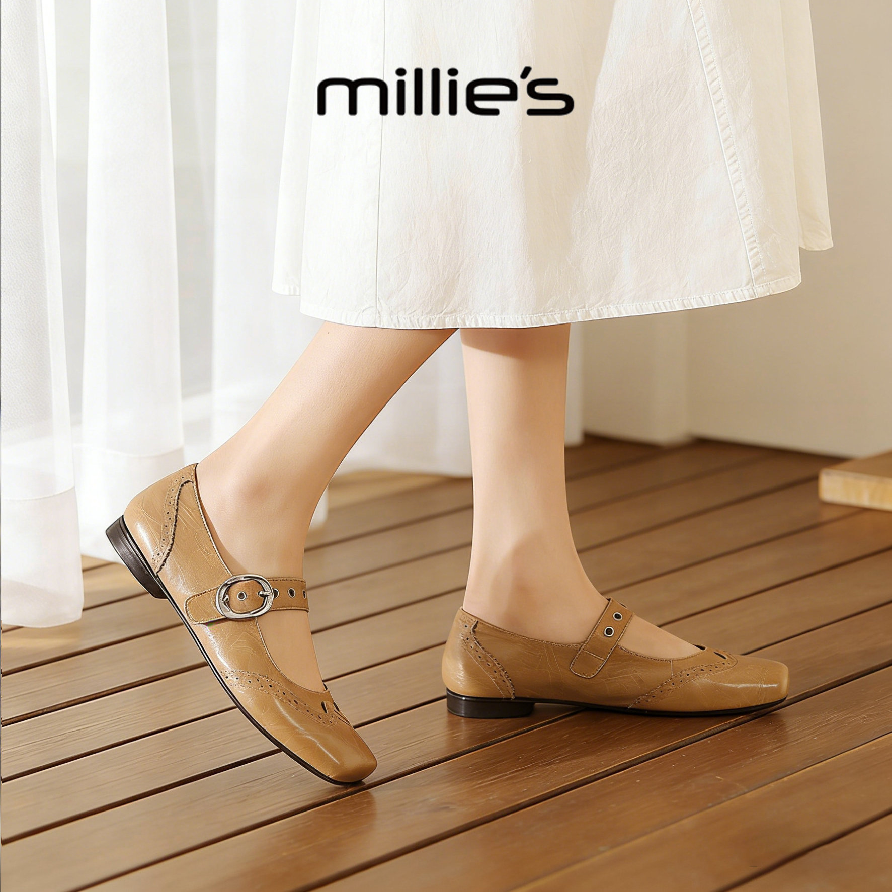 MILLIE'S/妙丽真皮玛丽珍鞋女焦糖色平底一字带优雅复古浅口单鞋,淘宝优惠券,粉丝福利购,淘宝优惠卷