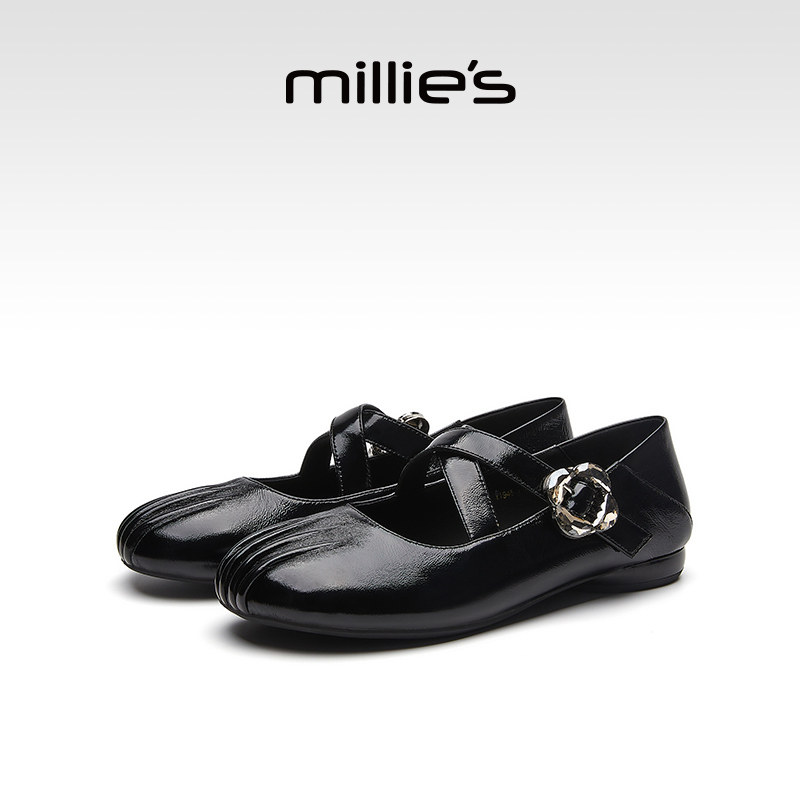 MILLIE'S/妙丽真皮玛丽珍鞋交叉扣带圆头浅口单鞋优雅平底鞋女鞋,淘宝优惠券,粉丝福利购,淘宝优惠卷