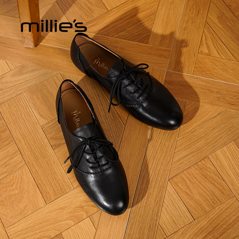millies妙丽女鞋复古深口单鞋女2025秋季新款平底百搭黑色小皮鞋,淘宝优惠券,粉丝福利购,淘宝优惠卷