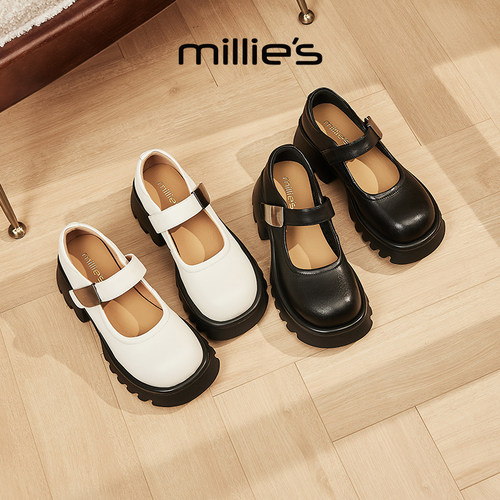 millies妙丽乐福鞋女鞋2025秋季新款时尚休闲高跟复古圆头小皮鞋 - 图3