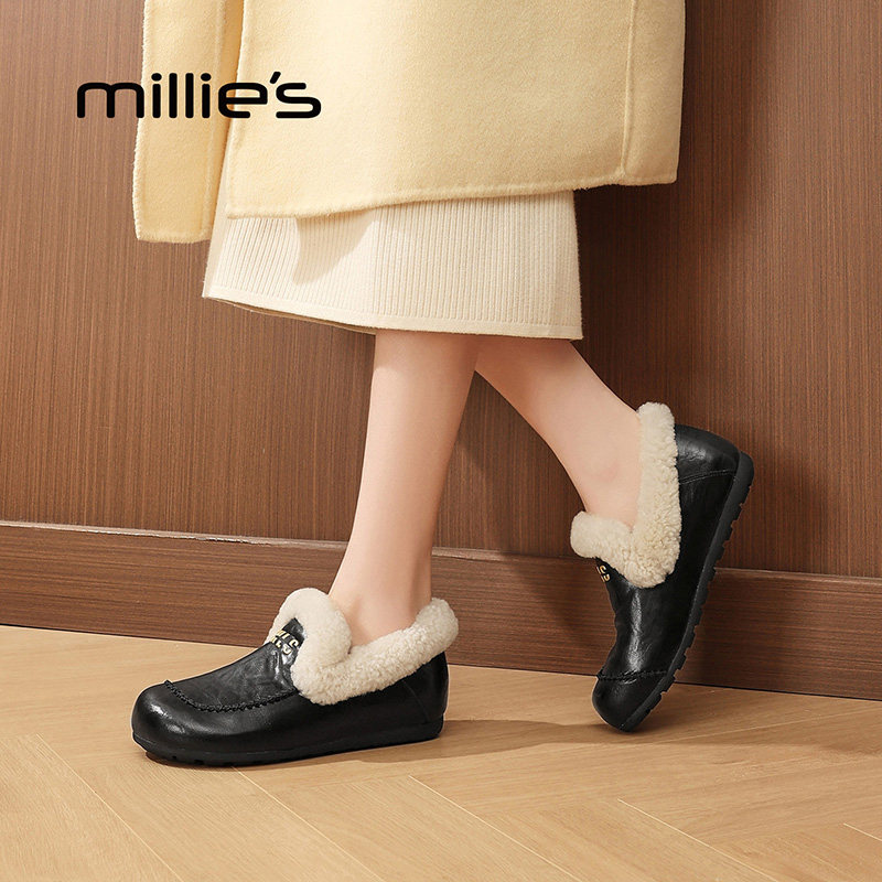 MILLIE'S/妙丽毛绒勃肯鞋冬季一脚蹬保暖棉鞋棕色加绒毛毛鞋女款,淘宝优惠券,粉丝福利购,淘宝优惠卷