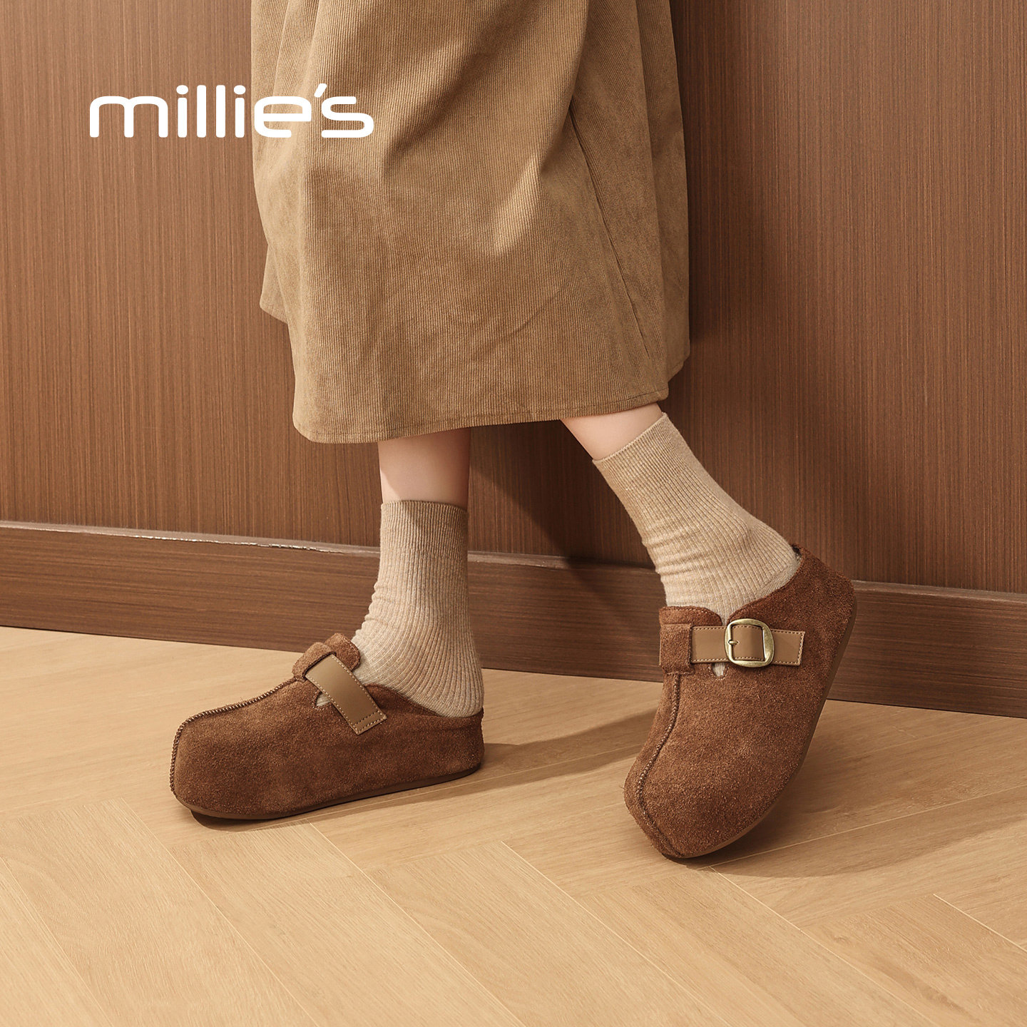 millies妙丽女鞋厚底加绒勃肯半拖鞋2025年冬季新款毛毛包头拖鞋,淘宝优惠券,粉丝福利购,淘宝优惠卷
