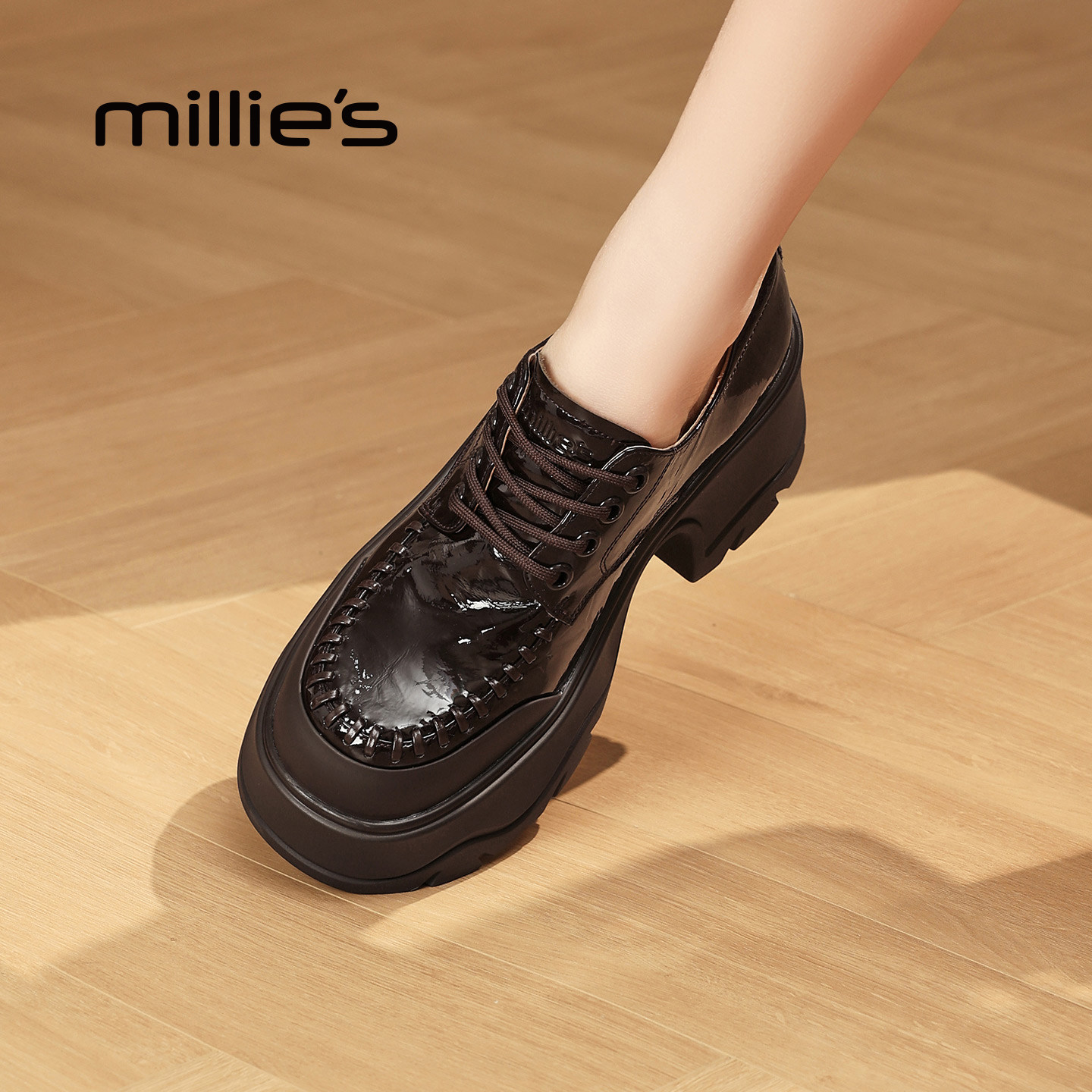 MILLIE'S/妙丽厚底乐福鞋女英伦风漆皮深口单鞋增高小个子厚底鞋,淘宝优惠券,粉丝福利购,淘宝优惠卷