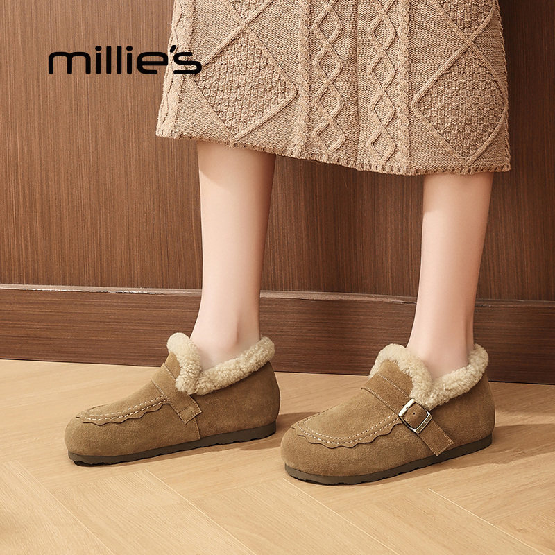MILLIE'S/妙丽雪地靴女款2025新款豆豆鞋加绒一脚蹬反绒皮勃肯鞋,淘宝优惠券,粉丝福利购,淘宝优惠卷