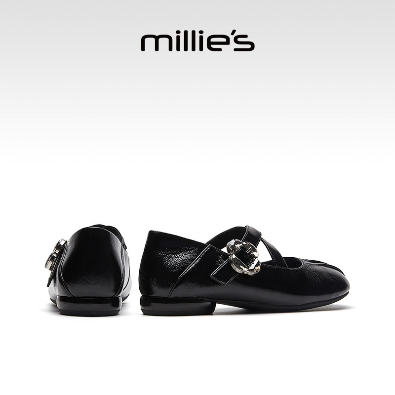 MILLIE'S/妙丽真皮玛丽珍鞋交叉扣带圆头浅口单鞋优雅平底鞋女鞋,淘宝优惠券,粉丝福利购,淘宝优惠卷