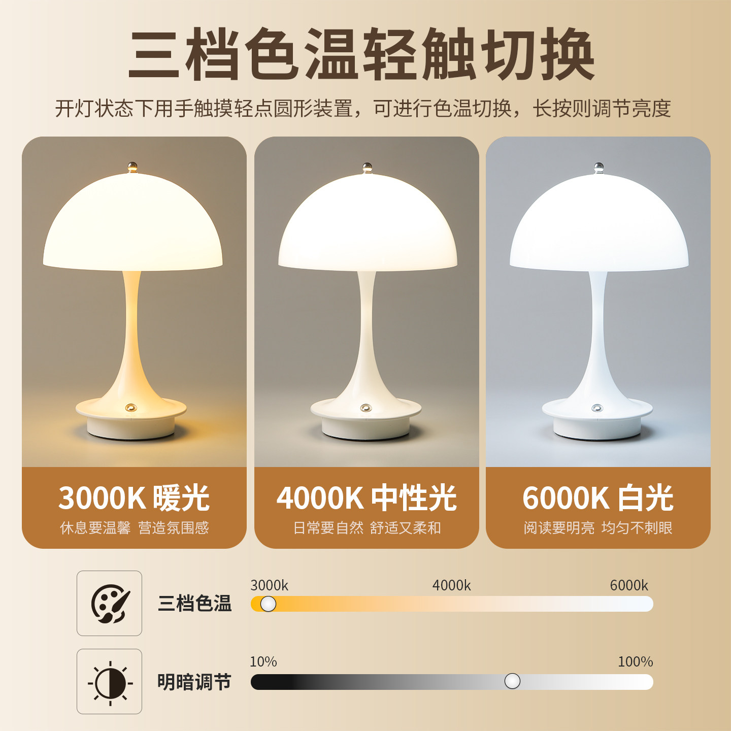 奶油简约水母台灯无线床头灯卧室充电夜灯蘑菇灯迷你花苞不插电源