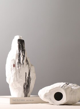 创意手绘水墨图案假山陶瓷装饰摆件新中式茶室书房玄关招财小摆设