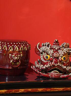 【本尼家】中式红色狮头高温瓷高档鼓上狮艺术装饰玄关摆件