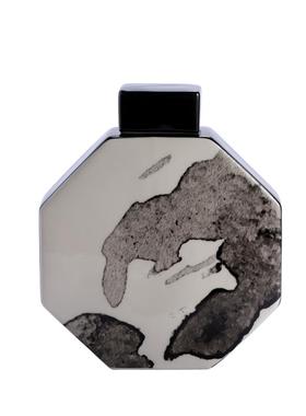 现代新中式扁形八角黑白陶瓷罐插花器装饰摆饰家居样板房玄关花瓶