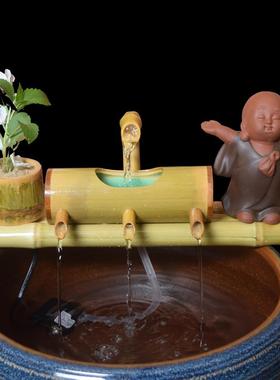 陶瓷人物小和尚摆件鱼缸竹流水器竹子过滤器石槽竹筒流水器