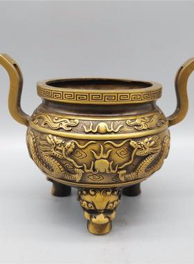 仿古黄铜香炉 黄铜弯耳龙纹香炉二龙戏珠香炉摆件