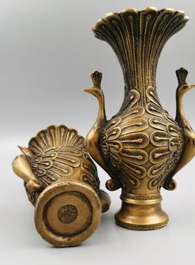 古玩杂项仿古铜花瓶古玩收藏 黄铜孔雀花瓶摆件工艺品