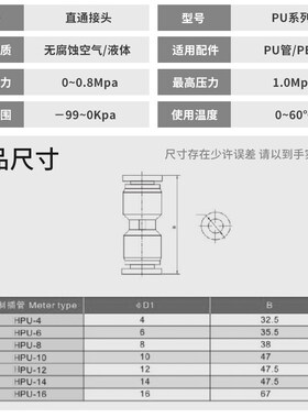 黑色等径气动元件二通直插快速接头PU4 PV 6 变径PG8 10 12 16mm