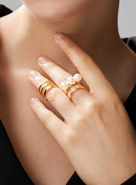 JOOMILIM茱蜜施家珍珠两件套戒指女宽窄双排情侣戒指时尚百搭高级