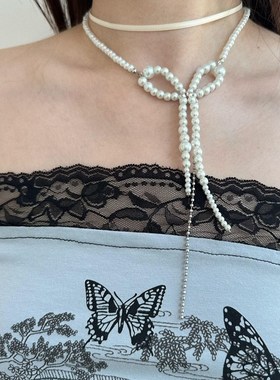 atmshop 气质蝴蝶结白色珠串仿珍珠双层绑带项链仙女高级锁骨链
