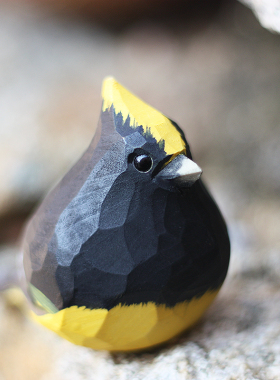 鹿妖商店 肥啾鸟木雕 冕雀 黄鬃鸟 黑鸟 手工实木摆件 黑黄小胖鸟