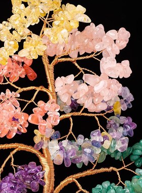 天然水晶彩色碎石钱树手工编织水晶钱树办公室桌面装饰饰品