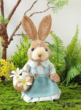 森系田园风草编兔子摆件幼儿园植物角装饰庭院花园婚庆布置艺品