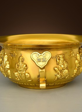 纯黄铜聚宝盆五路财神聚宝盆摆件家用财招装饰品办公室店铺开业礼