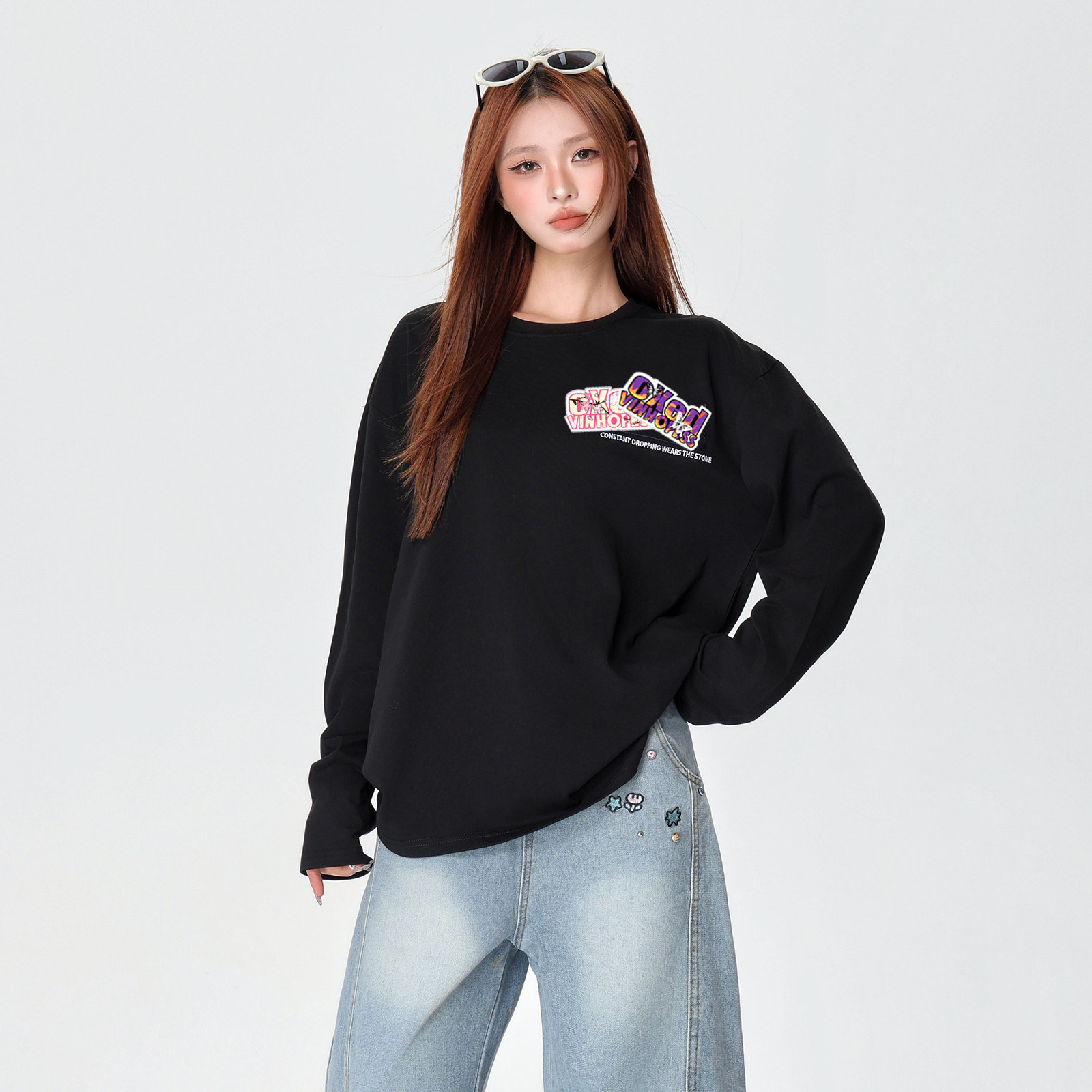 长袖t恤女2026新款时尚宽松百搭魔术贴情侣上衣可外穿打底冬装,淘宝优惠券,粉丝福利购,淘宝优惠卷